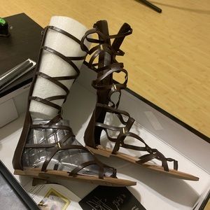 Dark brown knee festival sandals cochella